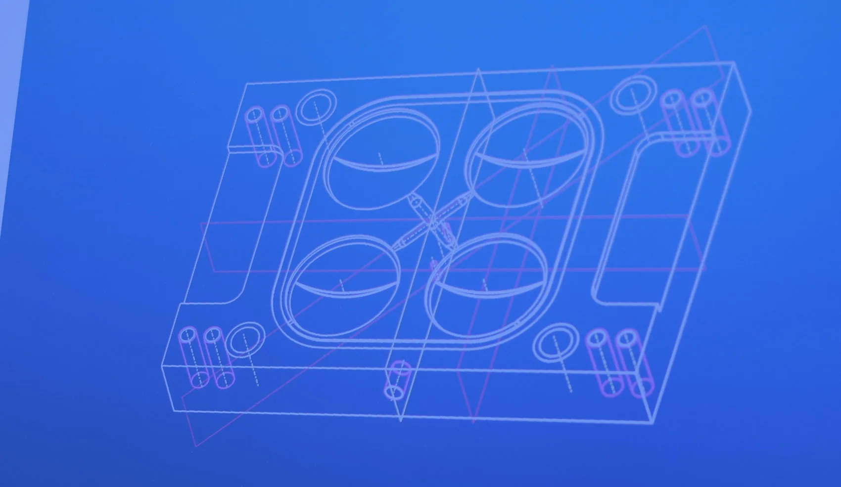 3D CAD design · 4-cavity injection mould with runners and ejection system.