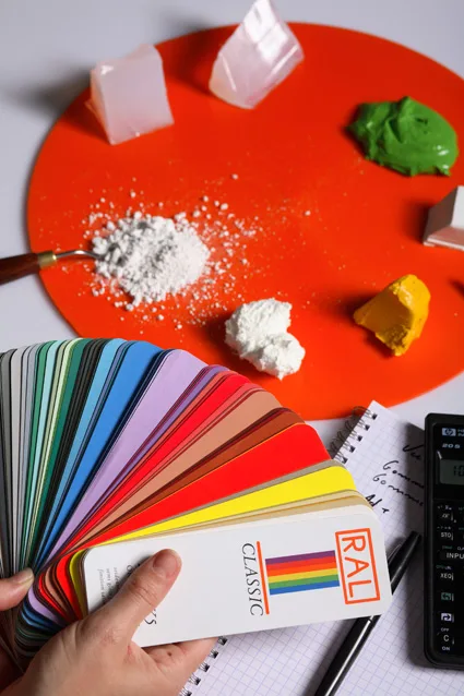 Colour matching against RAL chart · mass pigmentation before extrusion or moulding.